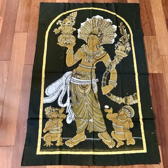 Vintage Batik Tapestry – Hindu Goddess & Attendants – Gold on Brown 30” x 45” - Picture 1 of 12